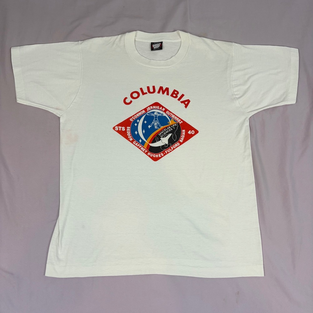NASA Mens Large White Columbia‎ STS-40 Spacelab Graphic T Shirt Vintage 1991 USA